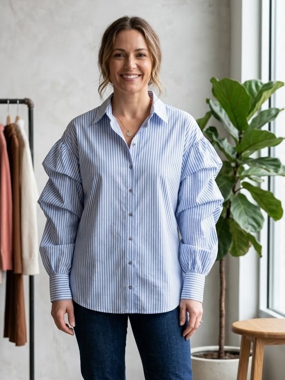 Valerie Stevens Women’s Blue & White Striped Ruffle Sleeve Casual Blouse Sz xl